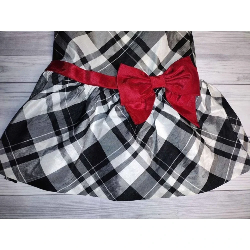 Girls Black & White Plaid Dress with Red Bow